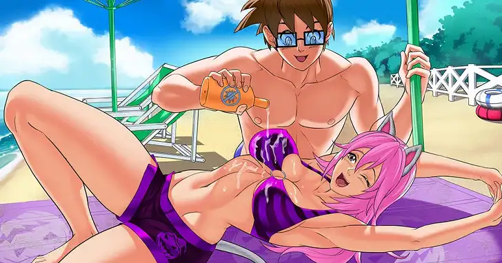 Illustration anime estivale sexy sur la plage, couple en bikini, ambiance fun et vacances ensoleillées