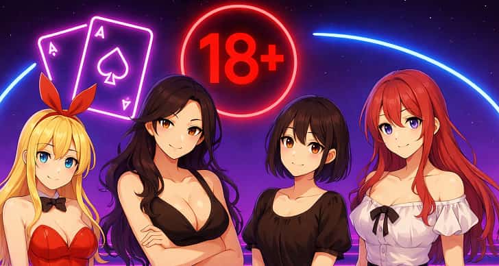 Bannière jeux adultes 18+ avec quatre personnages anime