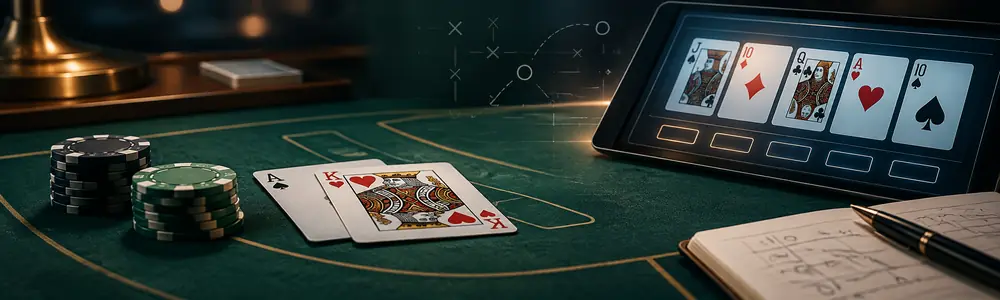 Jeux de casino de stratégie avec blackjack, poker, vidéo poker et jetons sur une table de jeu
