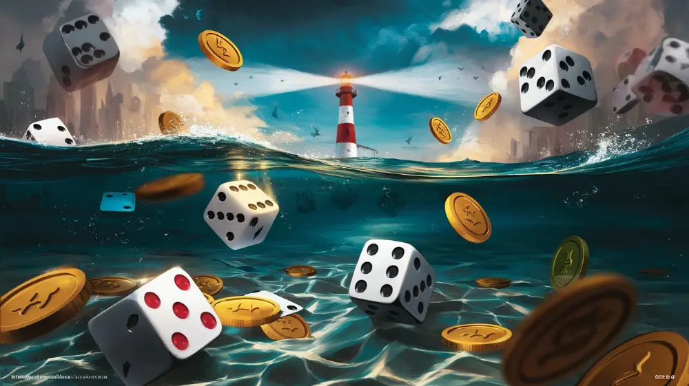 Phare tricolore éclairant un océan symbolique rempli de dés et de pièces d’or, représentant les jeux en ligne légaux et illégaux en France