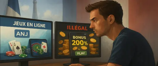 Joueur français hésitant entre un site de jeux en ligne légal agréé par l’ANJ et un site illégal promettant un bonus de 200 %