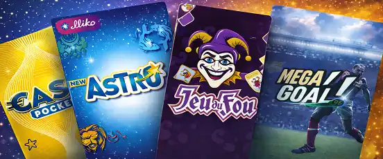 Bannière horizontale présentant plusieurs cartes de jeux de grattage Illiko Astro Cash Pocket Jeu du Fou et Mega Goal