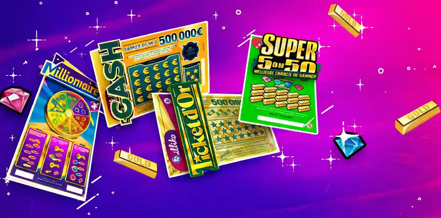 Bannière colorée avec plusieurs cartes de jeux de grattage Illiko superposées, lingots d’or et diamants en arrière-plan
