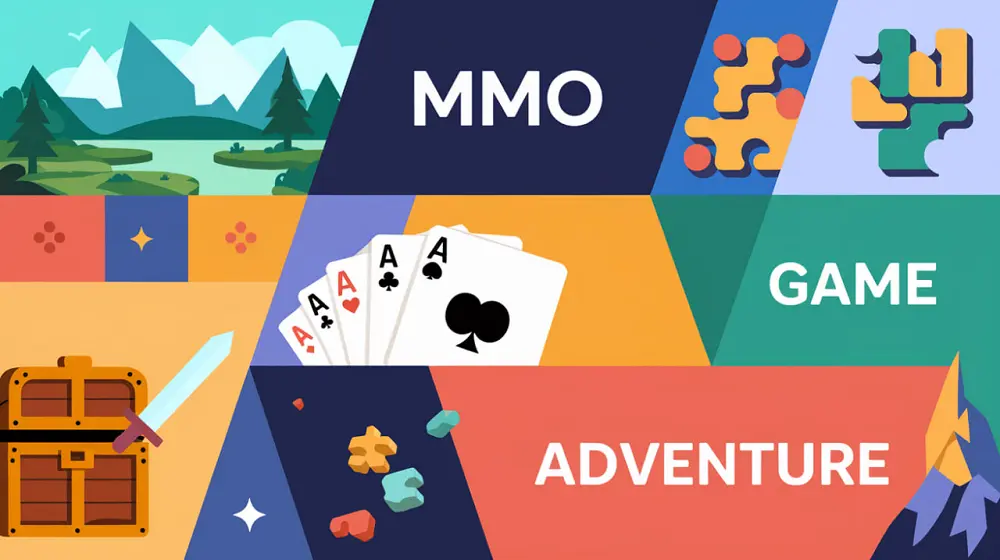 Bannière colorée illustrant des univers MMO, puzzle et aventure dans un style graphique moderne