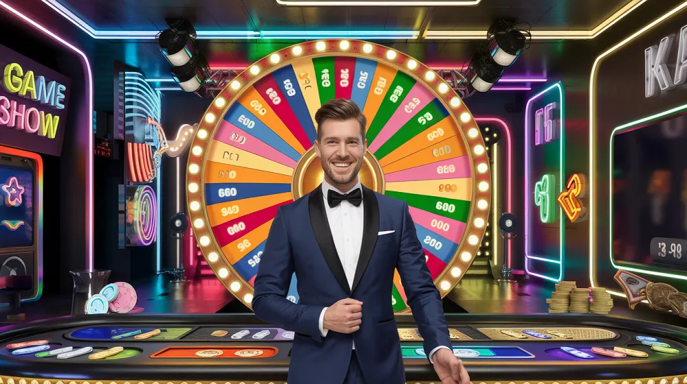 Présentateur élégant devant une grande roue colorée de jeux télévisés au casino en ligne avec ambiance festive