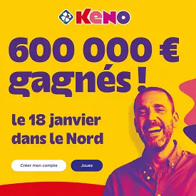 Keno FDJ : visuel promo 600 000 € gagnés dans le Nord le 18 janvier avec joueur souriant
