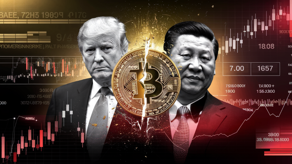 Image illustrant le krach crypto du 11 octobre 2025 avec Donald Trump et un dirigeant chinois face à un Bitcoin et des graphiques boursiers en chute