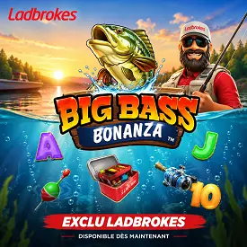 Big Bass Bonanza, jeu exclusif Ladbrokes Casino, avec pêcheur, poisson et univers aquatique coloré