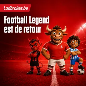 Football Legend de Ladbrokes Sport avec trois mascottes sur un terrain de football dans un stade rouge