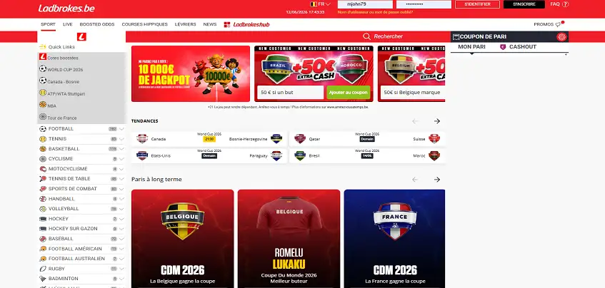 Aperçu de la plateforme Ladbrokes Sport sur ordinateur