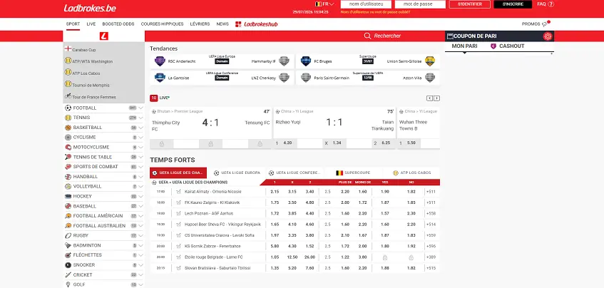 Aperçu de la plateforme Ladbrokes Sport sur ordinateur