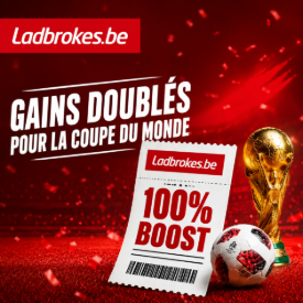 Visuel Ladbrokes Sport Belgique avec ticket 100% Boost et gains doublés pour la Coupe du Monde 2026