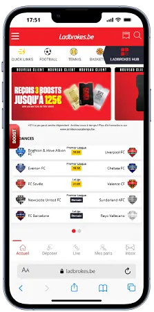 Visuel d'un smartphone représentant l'application mobile Ladbrokes Sports