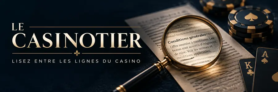 Le Casinotier : loupe sur les conditions d'une offre de casino, avec cartes et jetons sur fond bleu nuit et doré