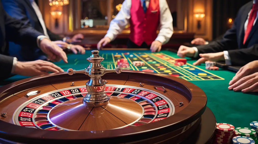 Table de roulette en bois avec croupier et joueurs en direct, ambiance réaliste d’un Live Casino