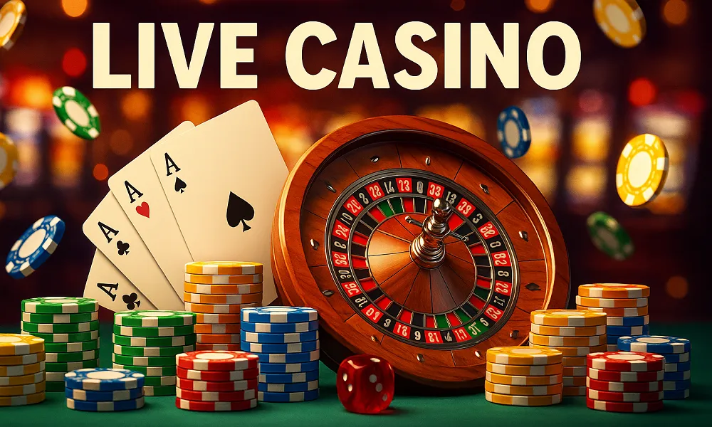 Roulette en bois, jetons colorés et cartes gagnantes illustrant l’ambiance immersive d’un Live Casino