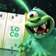 Mascotte verte souriante de Loco Casino devant des dés lumineux