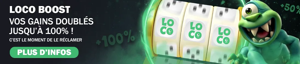alt="Bannière Loco Boost sur Loco Casino avec mascotte verte et rouleaux affichant le logo, mettant en avant des gains doublés jusqu’à 100%