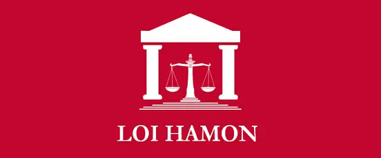 Logo Loi Hamon sur fond rouge avec symbole de justice