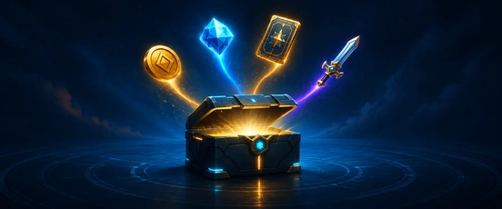 Coffre de loot boxes ouvert révélant des objets virtuels rares dans un univers de jeu vidéo