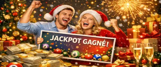 Couple célébrant un jackpot gagné à la loterie internationale, ambiance Noël, gains exceptionnels et joie des grands gagnants
