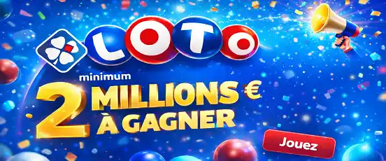 Bannière du Loto français avec jackpot minimum de 2 millions d’euros, boules colorées et univers officiel FDJ