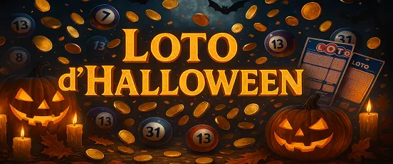 Image du Loto d’Halloween montrant des citrouilles, des bougies et des boules de loto sous un ciel nocturne festif et doré