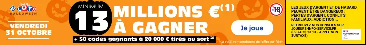 Bannière du Loto d’Halloween annonçant un jackpot minimum de 13 millions d’euros et 50 codes gagnants à 20 000 €