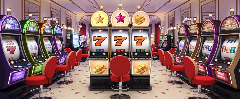 Salle élégante de machines à sous en ligne avec symboles 7 rouges et pièces d’or