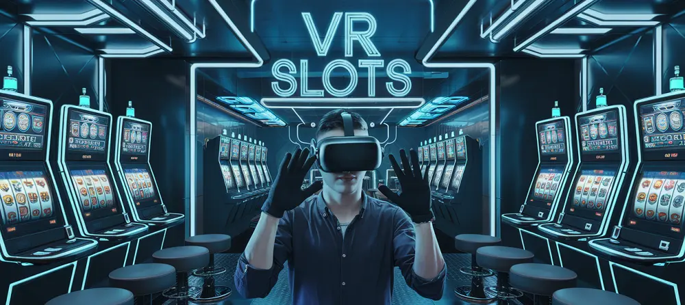 Joueur avec casque VR dans une salle futuriste de machines à sous en ligne, ambiance néon bleue et réalisme 3D immersif
