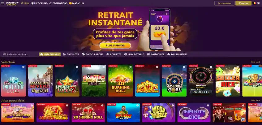 Aperçu de la plateforme Madison Casino sur ordinateur