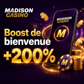 Madison Casino : boost de bienvenue +200 % avec smartphone et pièces dorées