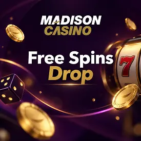 Visuel Madison Casino consacré au Free Spins Drop, avec logo, dé, pièces dorées et machine à sous sur fond violet