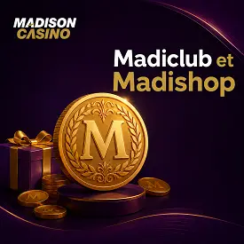 Madiclub de Madison Casino avec pièce dorée, coffret cadeau et visuel Madishop sur fond violet