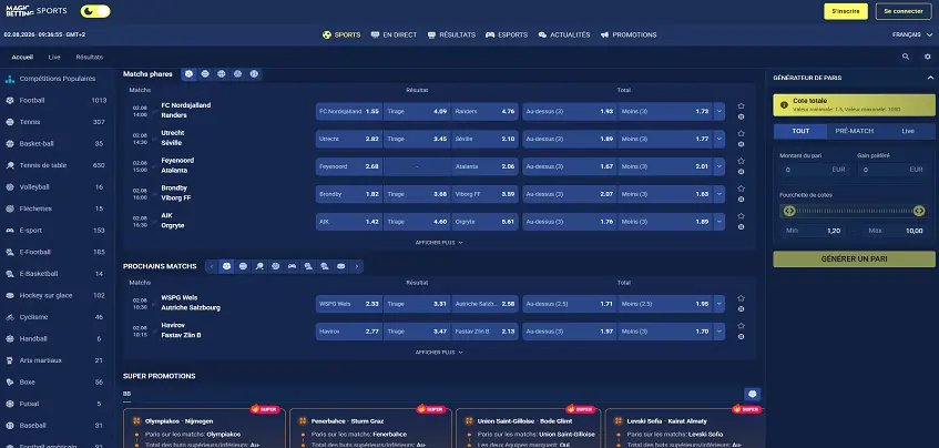 Aperçu de la plateforme Magic Betting Sports sur ordinateur