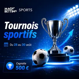 Tournois sportifs Magic Betting Sports avec trophée, ballons de football et cagnotte