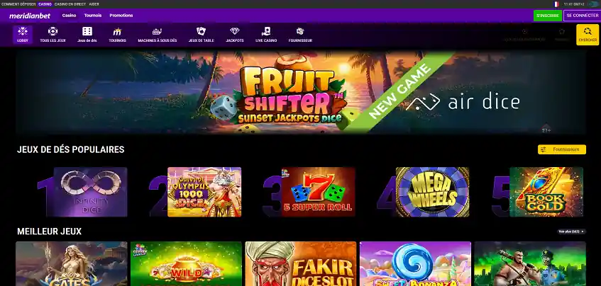 Aperçu de la plateforme Meridian Casino sur ordinateur