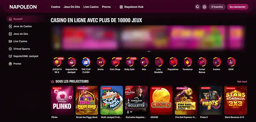 Aperçu de la plateforme Napoleon Casino sur ordinateur