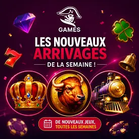 Nouveaux arrivages Napoleon Casino avec une couronne, un buffle et un train sur fond violet lumineux.