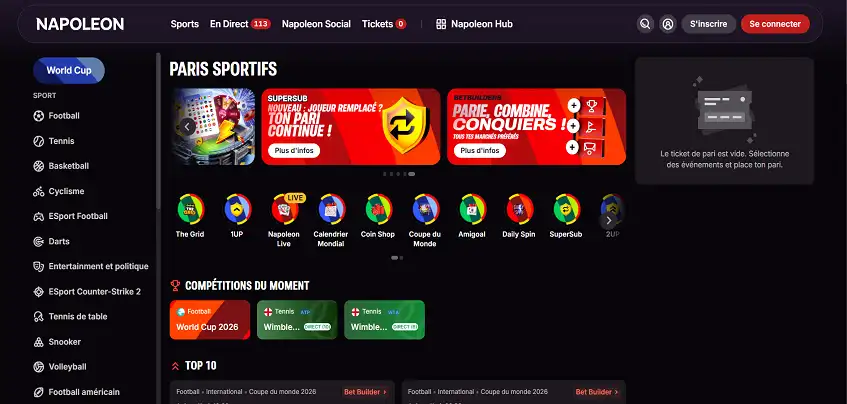 Aperçu de la plateforme Napoleon Sports sur ordinateur