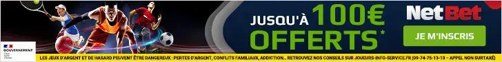 Bannière promotionnelle NetBet avec offre jusqu’à 100€ pour les nouveaux joueurs en paris sportifs