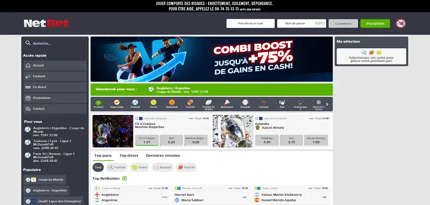 Aperçu de la plateforme Netbet sur ordinateur
