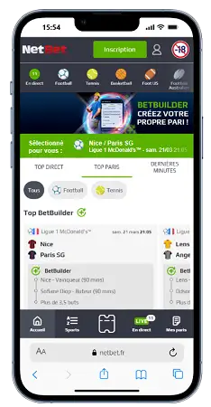 Capture d’écran de l’application NetBet sur mobile avec paris sportifs
