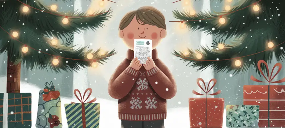 Illustration d’un enfant à Noël tenant une carte à gratter