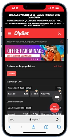 Olybet affiché sur un téléphone mobile