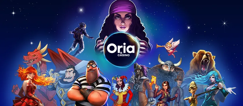 Bannière d’Oria Casino avec personnages de jeux variés, illustrant la diversité du catalogue du casino en ligne belge