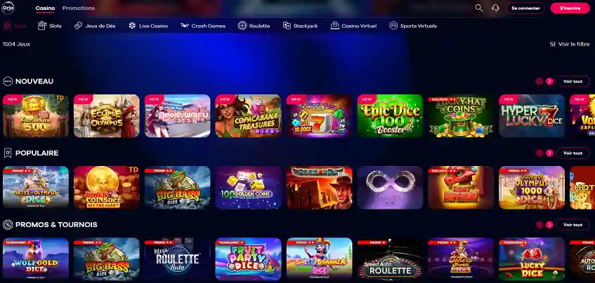Aperçu de la plateforme Oria Casino sur ordinateur