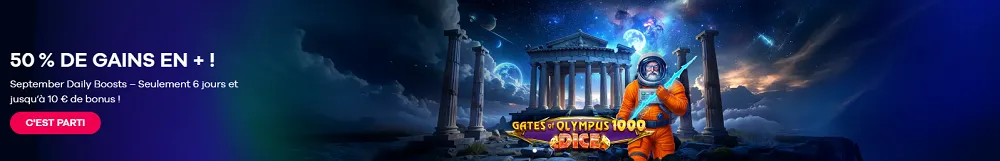Bannière Oria Casino September Daily Boosts avec Gates of Olympus 1000 Dice offrant 50 % de gains en plus en septembre