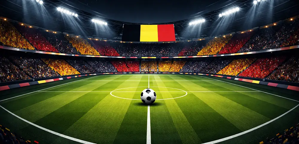 Illustration des paris sportifs en Belgique avec stade de football stylisé, ballon central et couleurs nationales