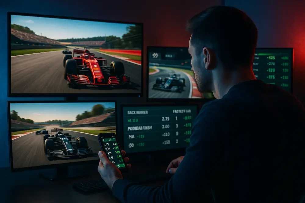 Homme pariant sur les Paris sportifs F1 depuis un bureau moderne, observant plusieurs écrans diffusant une course de Formule 1 en direct